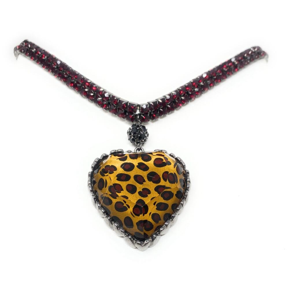 Vintage Rare BETSEY JOHNSON Red Stretch Crystal Leopard Heart Choker Necklace